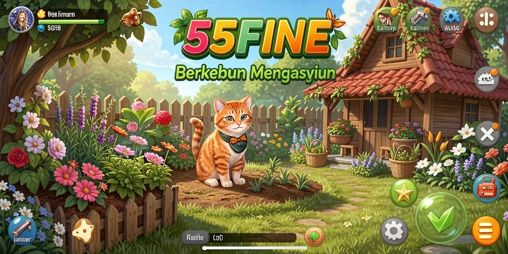 Tampilan gameplay 55FIVE yang menggembirakan dengan berbagai jenis tanaman.