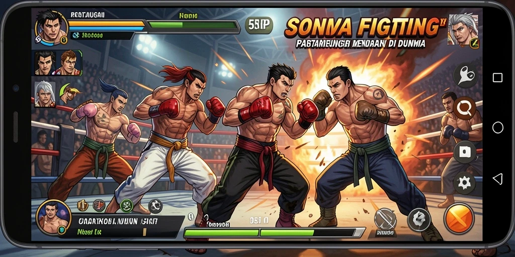 Screenshot gameplay 55RP menunjukkan pertarungan seru dengan karakter yang dinamis.