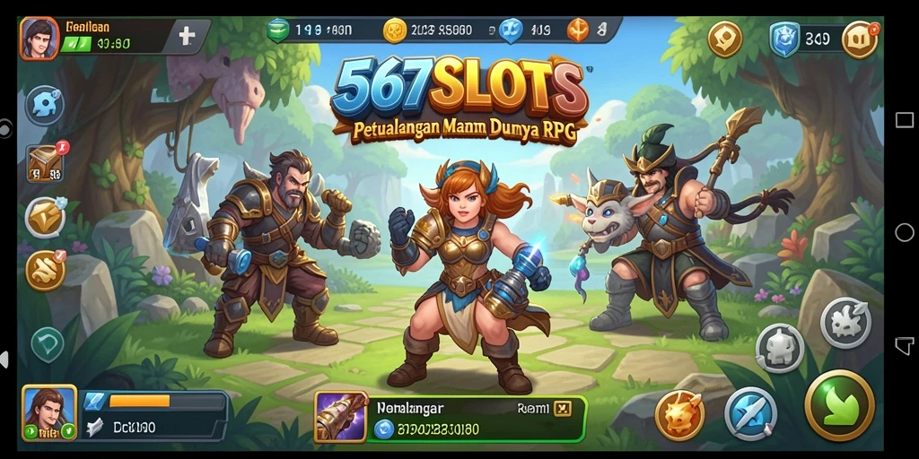 Screenshot gameplay RPG 567SLOTS menampilkan aksi pertarungan seru.