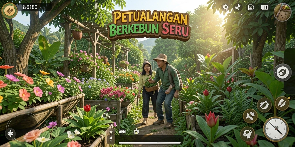 Screenshot utama menunjukkan gameplay seru dalam berkebun.