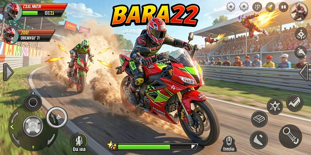 Tampilan seru gameplay BARA22 saat balapan motor.