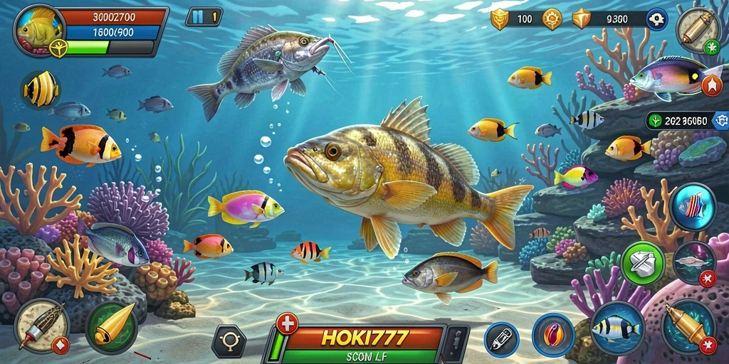 Screenshot gameplay HOKI777 dengan aksi memancing yang seru.
