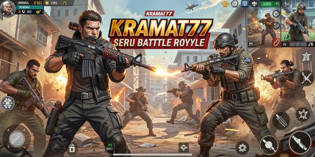 Screenshot gameplay KRAMAT77 menampilkan aksi Battle Royale yang mendebarkan.