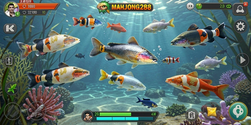 Screenshot gameplay MAHJONG288 dengan tampilan menarik saat menembak ikan.