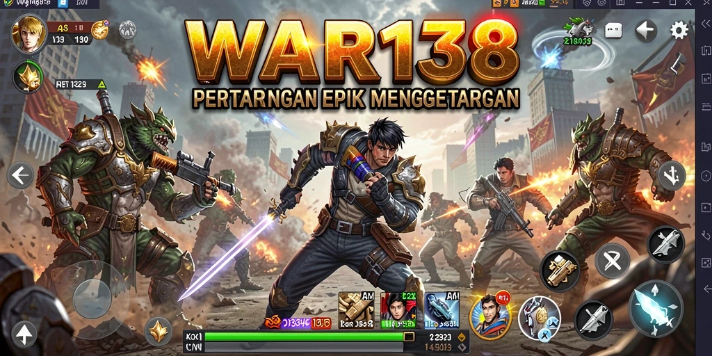 Screenshot utama WAR138 menunjukkan karakter bertarung dengan grafis yang indah.